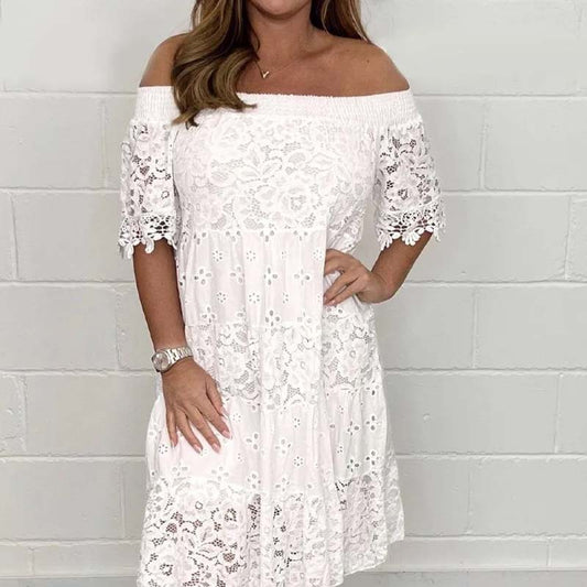 summer dress with short, falling sleeves and elegant styling