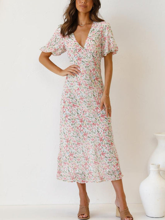 LD | V-neck backless bandage dress with print