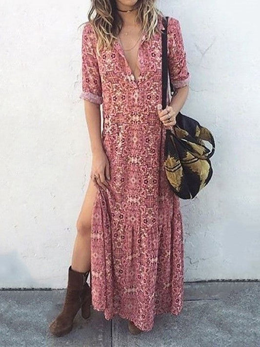 LD | Printed dress with long sleeves and slit