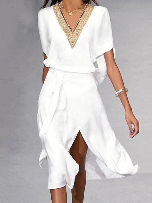 midi dress for ladies with V-neck and wide sleeves