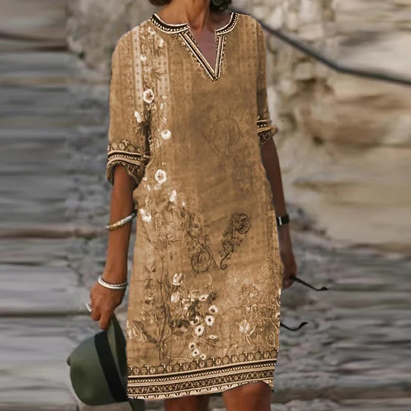 LP | Green midi dress with v-neck and floral pattern