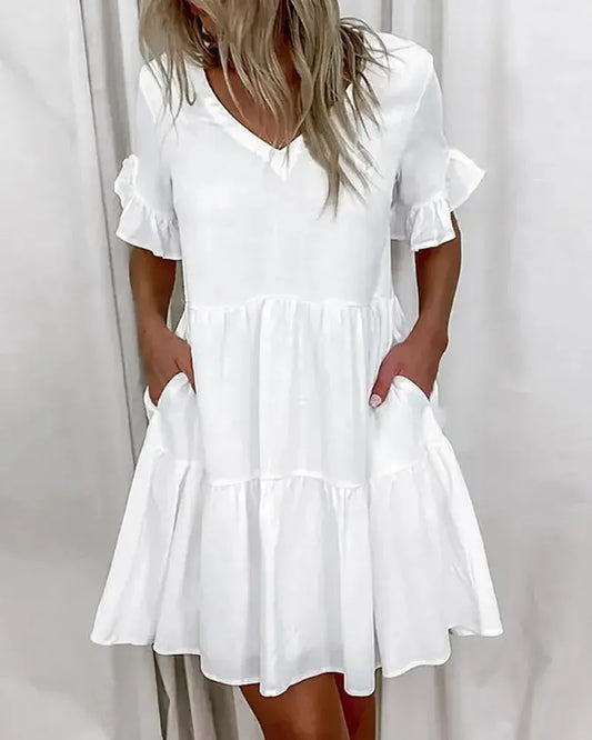 LD Simple casual dress with V-neck and hem with ruffles