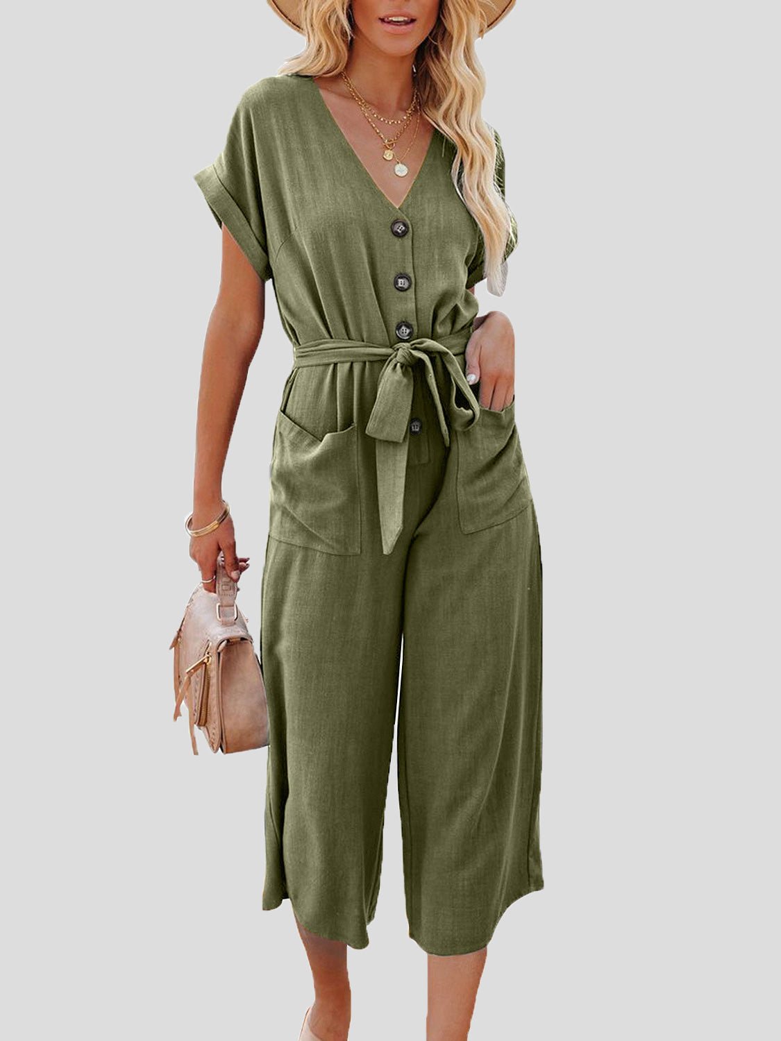 Casual V-neck jumpsuit with belt and double pocket