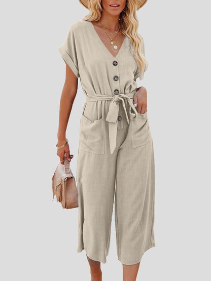 Casual V-neck jumpsuit with belt and double pocket