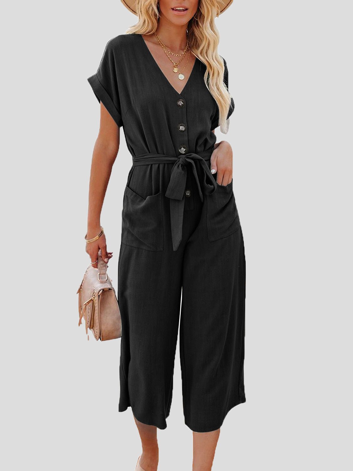 Casual V-neck jumpsuit with belt and double pocket