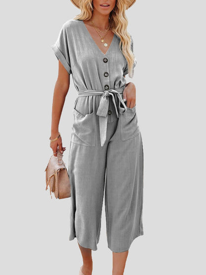 Casual V-neck jumpsuit with belt and double pocket