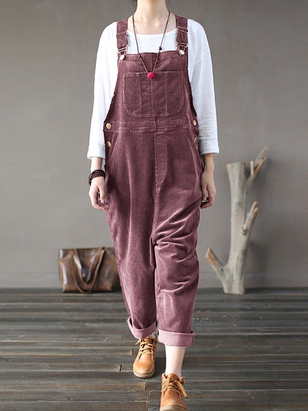Corduroy plain casual pocket jumpsuit