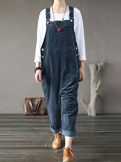 Corduroy plain casual pocket jumpsuit