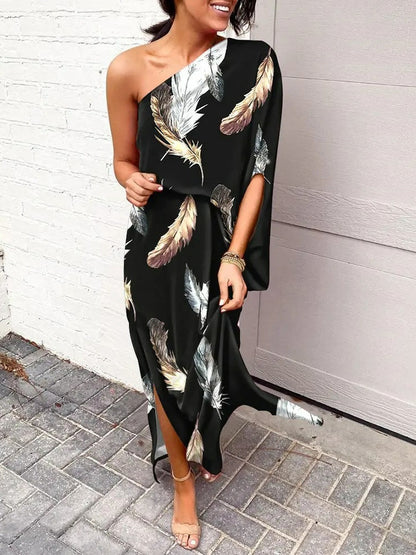LD | Slant shoulder loose bohemian dress