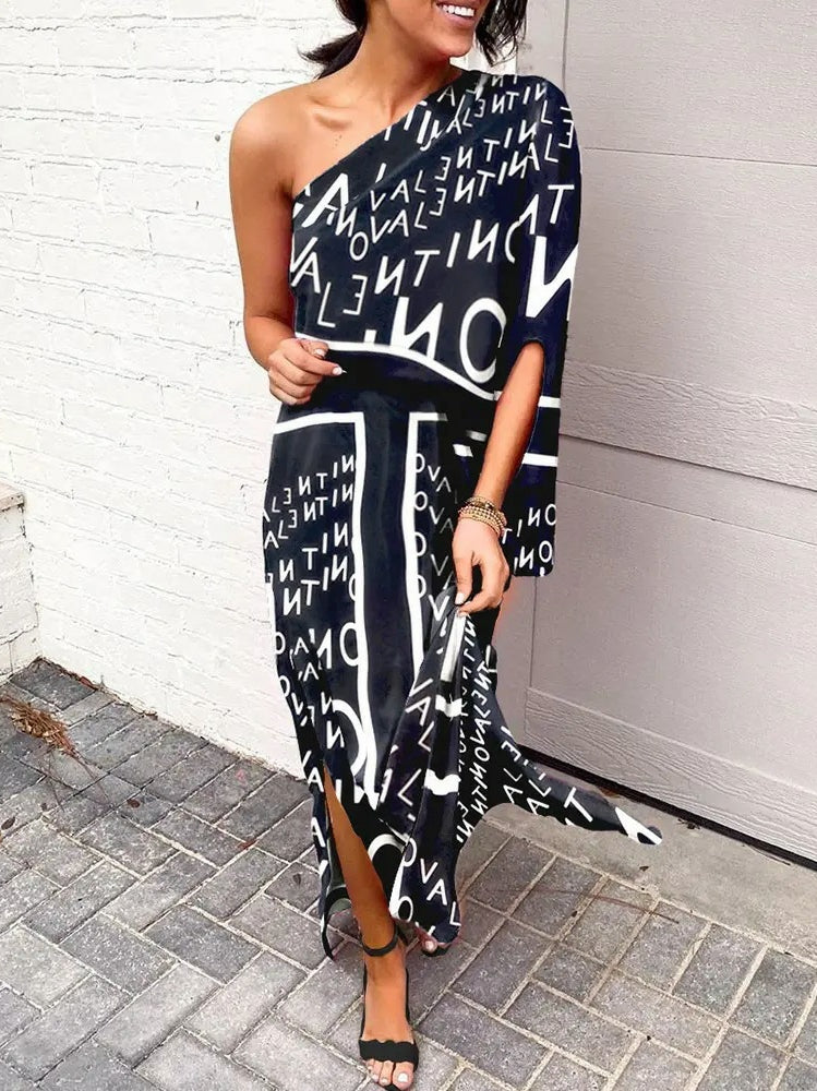 LD | Slant shoulder loose bohemian dress