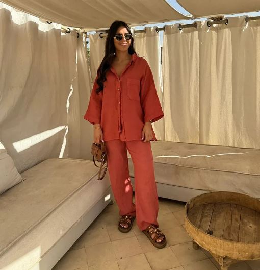 Set and long-sleeved pants in silk cotton